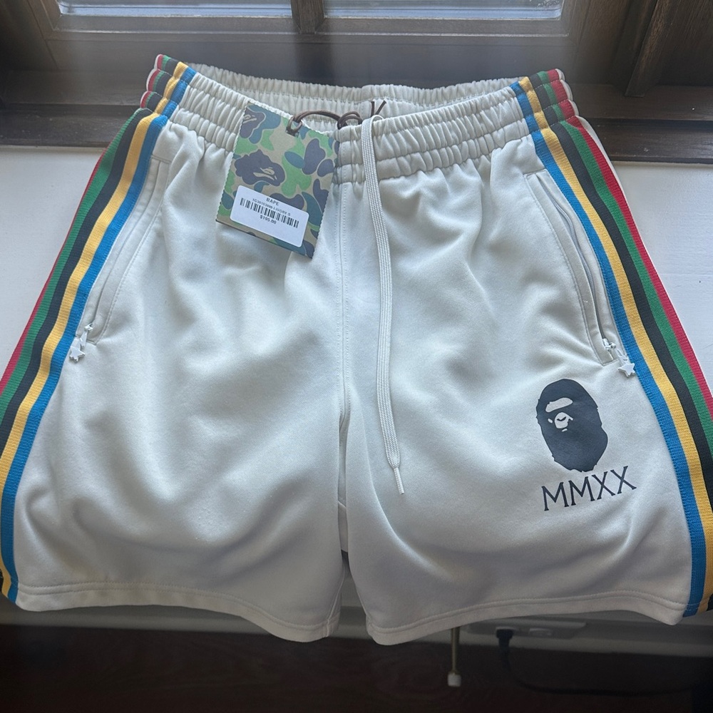 White and Red Athletic Shorts with BAPE Logo